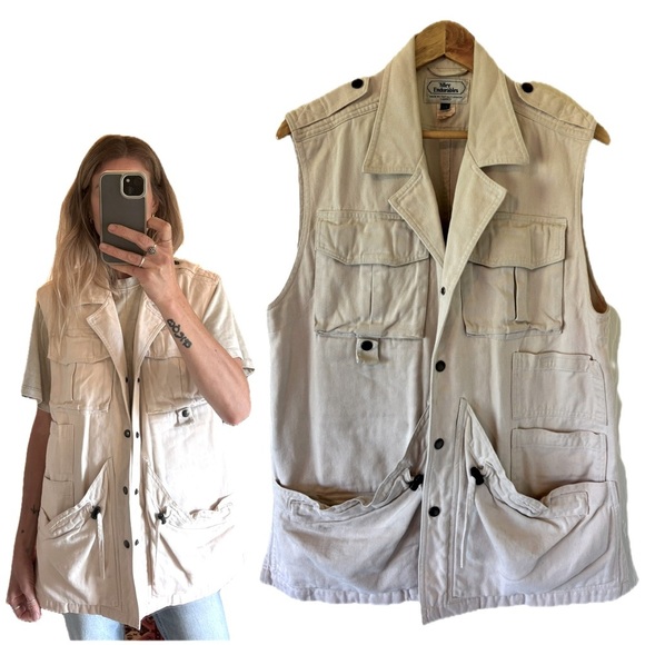 Vintage Beige Utility Cargo Military Combat Multi Pocket Vest Denim 100% Cotton - Picture 1 of 8